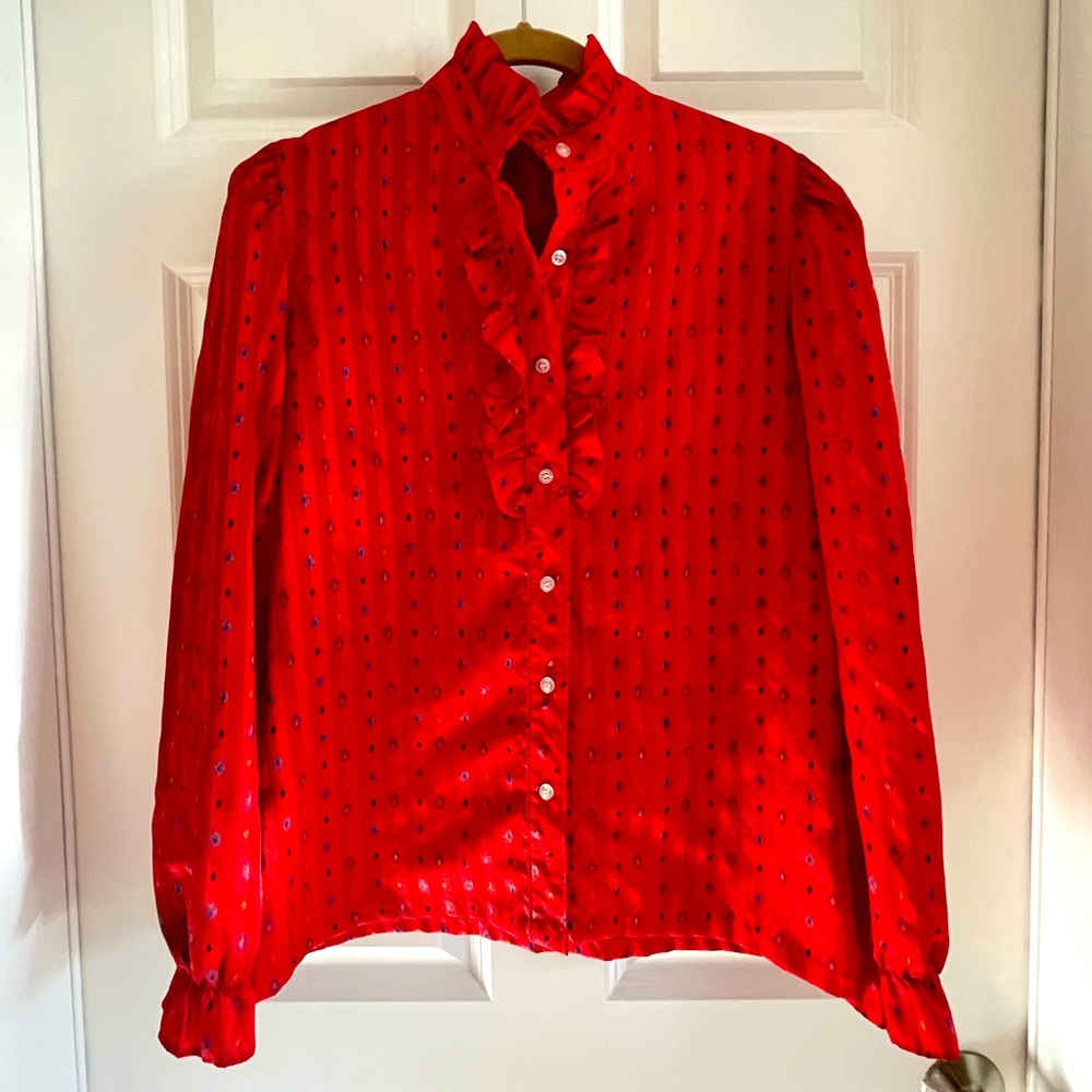 1980s Vintage Geometric Print Tuxedo Blouse Size M